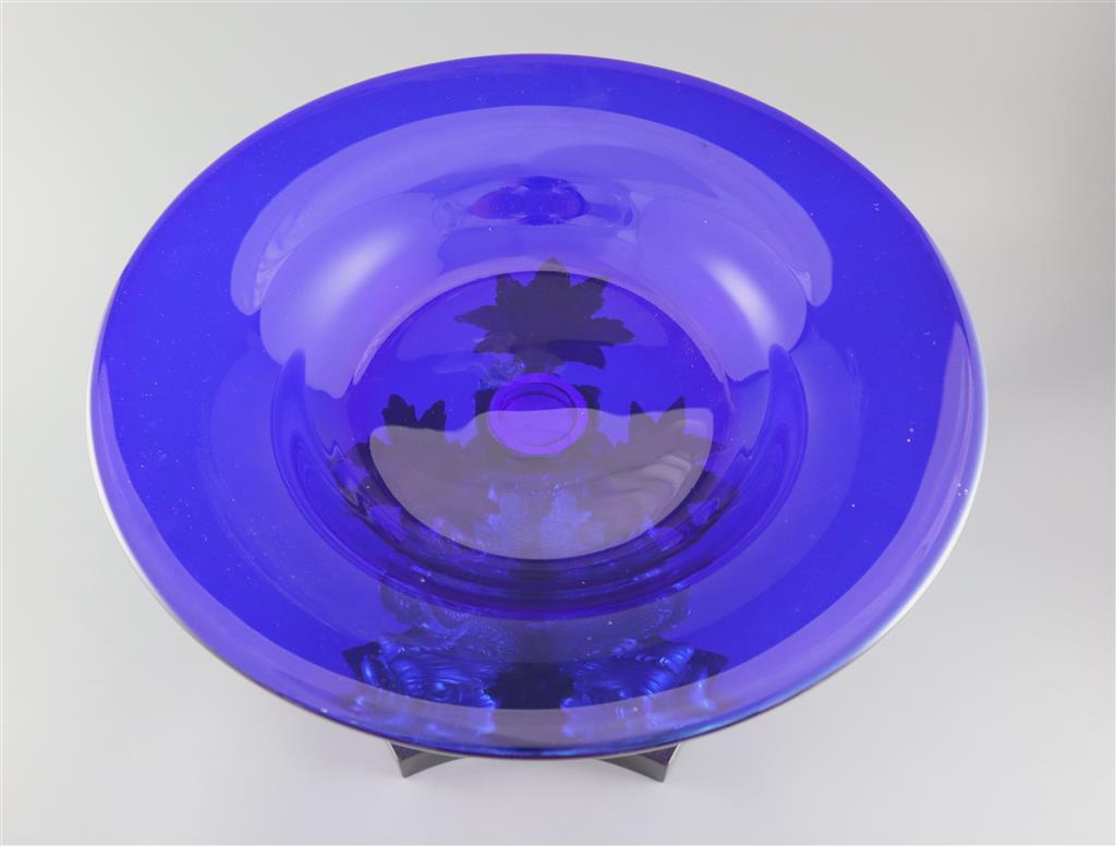 An impressive Regency blue glass and ormolu dolphin centrepiece fruit bowl, 39.5cm diameter